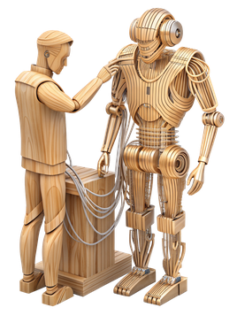 A wooden figure connects cables to a robot, symbolizing the setup and integration of a chatbot for OLX. This Art Deco-inspired illustration represents the seamless connection and automation process designed to enhance communication efficiency in digital interactions.