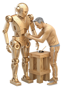 A craftsman meticulously builds a golden robot, symbolizing the creation and refinement of advanced automation tools like a chatbot for OLX. This Art Deco-inspired visual represents the dedication and precision behind developing automated communication systems to enhance user interaction.