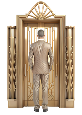 A man in an elegant suit stands before a grand Art Deco door, symbolizing the gateway to a new experience with PulsGPT, the automated communication service for OLX, at the registration step.