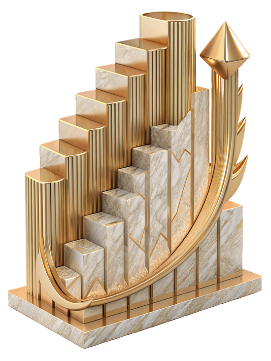 Art Deco-style image featuring ascending steps and an upward arrow, symbolizing business growth and progress, enhanced by the capabilities of a chatbot for OLX.