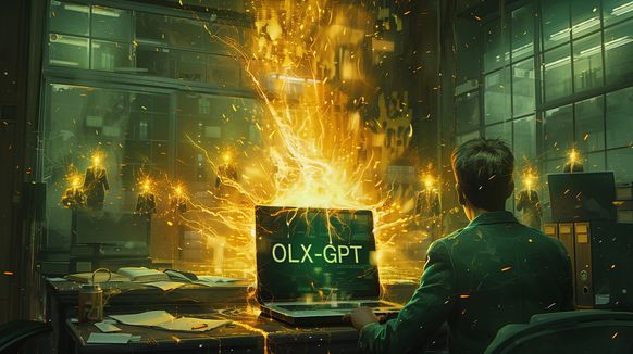 A person sits in front of a laptop displaying 'PulsGPT,' surrounded by golden sparks and energy swirls, symbolizing the powerful capabilities of a chatbot for OLX in a dynamic nighttime office setting.